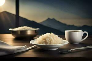 le riz est servi avec une tasse de café et une cuillère. généré par ai photo