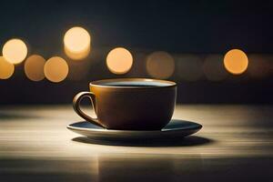 une tasse de café sur une table dans de face de une floue Contexte. généré par ai photo