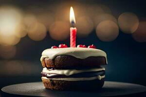 une anniversaire gâteau avec une allumé bougie. généré par ai photo