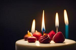 une anniversaire gâteau avec bougies et des fraises. généré par ai photo