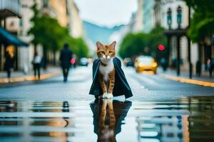 une chat dans une cap en marchant sur une humide rue. généré par ai photo
