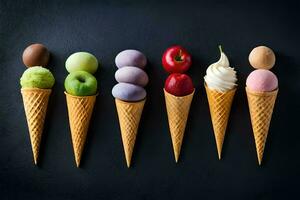 une rangée de la glace crème cônes avec différent les types de fruit. généré par ai photo