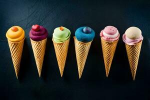 six la glace crème cônes dans une rangée avec différent couleurs. généré par ai photo