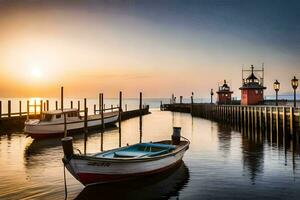 bateaux amarré à le jetée à le coucher du soleil. généré par ai photo