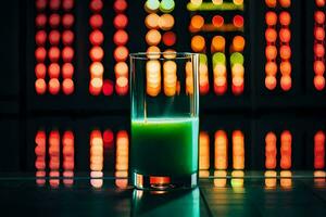 une verre de vert jus dans de face de une coloré Contexte. généré par ai photo