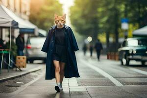 une femme portant une Renard masque des promenades vers le bas une rue. généré par ai photo