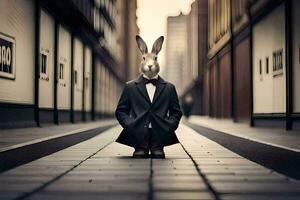 une lapin portant une costume et attacher permanent dans le milieu de une ville rue. généré par ai photo