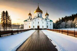 le russe orthodoxe cathédrale dans le l'hiver. généré par ai photo