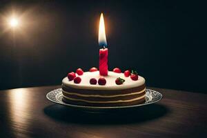 une anniversaire gâteau avec une Célibataire bougie sur Haut. généré par ai photo