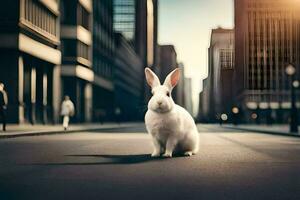 une blanc lapin est séance sur le rue dans de face de grand bâtiments. généré par ai photo