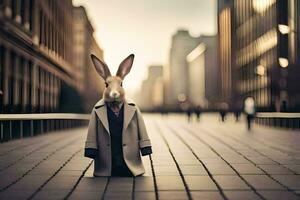 une lapin portant une manteau et attacher permanent sur une rue. généré par ai photo