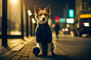 une chien dans une veste séance sur le rue à nuit. généré par ai photo