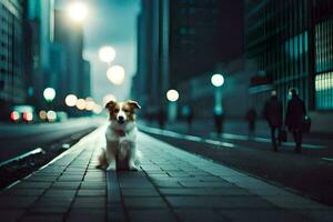 une chien séance sur le trottoir dans une ville à nuit. généré par ai photo