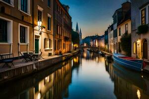 une canal dans le milieu de une ville à crépuscule. généré par ai photo