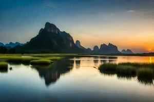 le Soleil ensembles plus de montagnes et l'eau dans Chine. généré par ai photo