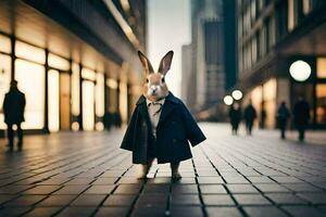 une lapin habillé dans une costume et attacher permanent sur une rue. généré par ai photo