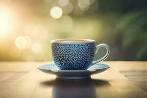 une tasse de café sur une en bois tableau. généré par ai photo