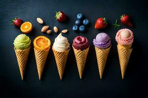 différent les saveurs de la glace crème dans cônes sur une noir Contexte. généré par ai photo