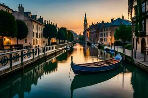 une bateau est amarré dans une canal à le coucher du soleil. généré par ai photo