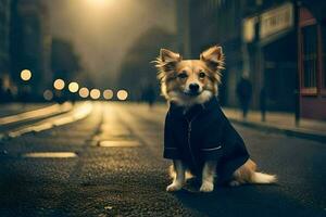 une chien dans une manteau séance sur le rue à nuit. généré par ai photo