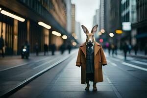 une lapin portant une manteau et attacher permanent dans le milieu de une ville rue. généré par ai photo