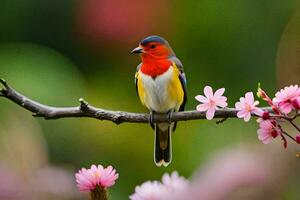 une coloré oiseau est assis sur une branche avec rose fleurs. généré par ai photo