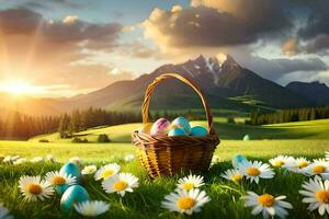 Pâques des œufs dans une panier dans le prairie. généré par ai photo