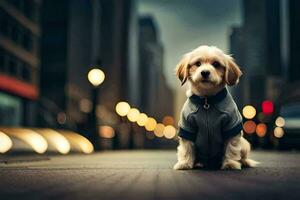 une petit chien portant une veste est assis sur le rue. généré par ai photo