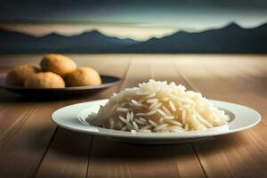 une assiette de riz et Boulettes de viande sur une en bois tableau. généré par ai photo
