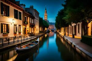 une bateau est sur une canal dans une ville à nuit. généré par ai photo