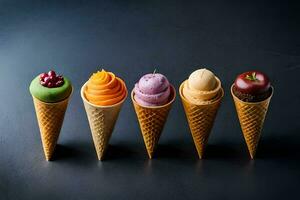 cinq la glace crème cônes avec différent les saveurs. généré par ai photo