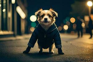 une chien portant une veste et bottes permanent sur le rue à nuit. généré par ai photo