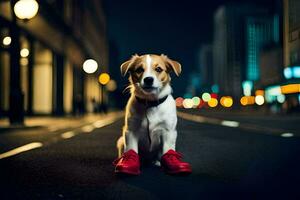 une chien portant rouge des chaussures sur le rue à nuit. généré par ai photo