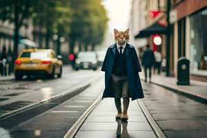 une chat portant une manteau et attacher en marchant vers le bas une ville rue. généré par ai photo