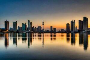 le horizon de Dubai à le coucher du soleil. généré par ai photo