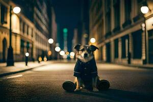 une chien séance sur le sol dans le milieu de une ville rue. généré par ai photo