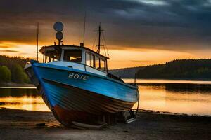 une bateau est assis sur le rive à le coucher du soleil. généré par ai photo