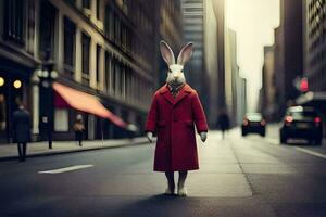 une lapin portant une rouge manteau permanent dans le milieu de une ville rue. généré par ai photo