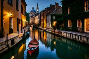 une bateau est sur une canal dans une ville à nuit. généré par ai photo