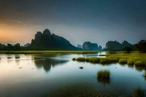 le Soleil ensembles plus de montagnes et l'eau dans Chine. généré par ai photo