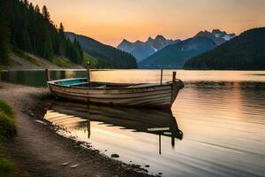 une bateau est assis sur le rive de une Lac à le coucher du soleil. généré par ai photo