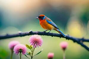 une coloré oiseau est assis sur une branche avec rose fleurs. généré par ai photo