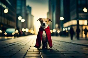 une chien portant une rouge cap sur une ville rue. généré par ai photo