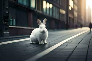 blanc lapin séance sur le rue dans une ville. généré par ai photo