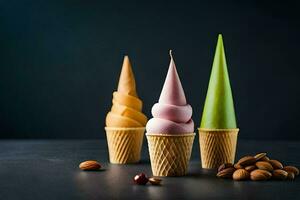 Trois la glace crème cônes avec différent les saveurs. généré par ai photo