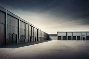 une grand entrepôt avec une foncé ciel dans le Contexte. généré par ai photo