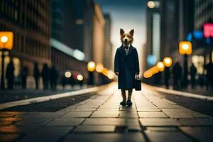 une chien dans une costume et attacher permanent sur une ville rue. généré par ai photo