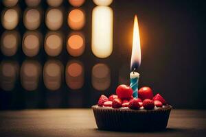 une anniversaire gâteau avec une bougie sur Haut. généré par ai photo