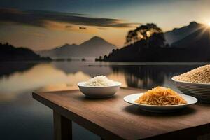 le riz est sur le table et le montagnes sont dans le Contexte. généré par ai photo