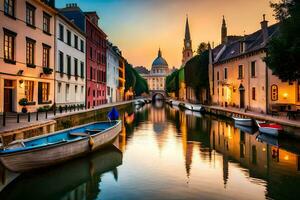 une canal dans le milieu de une ville avec bateaux. généré par ai photo